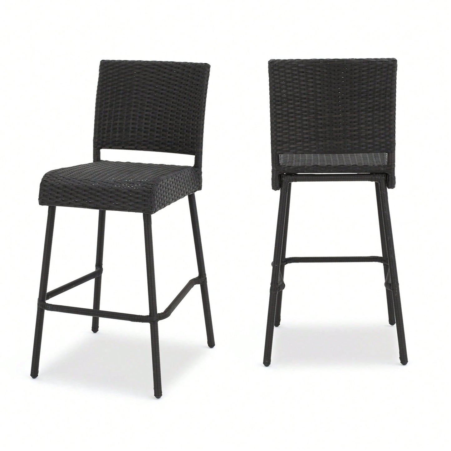 Set Of 2 Dark Brown 29 Inch Outdoor PE Rattan Armless Barstools For Patio And Garden