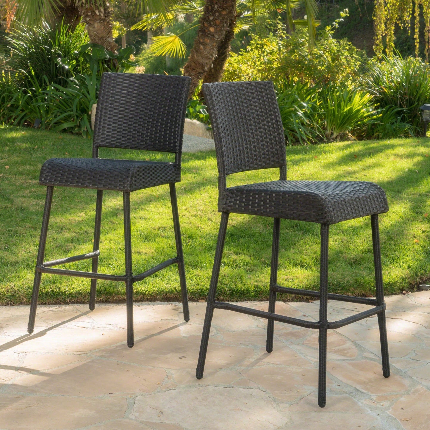 Set Of 2 Dark Brown 29 Inch Outdoor PE Rattan Armless Barstools For Patio And Garden