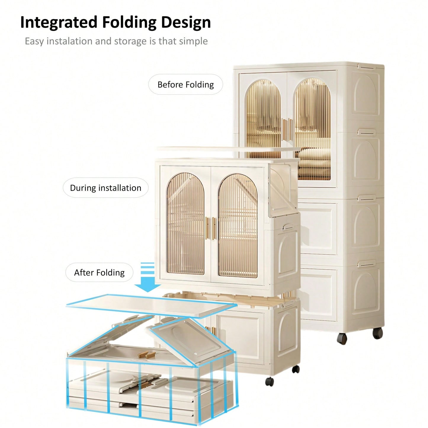 25.59 Inch Compact Folding Wardrobe With Magnetic Door And Wheels, Includes Storage Boxes And Hangers For Efficient Space Organization