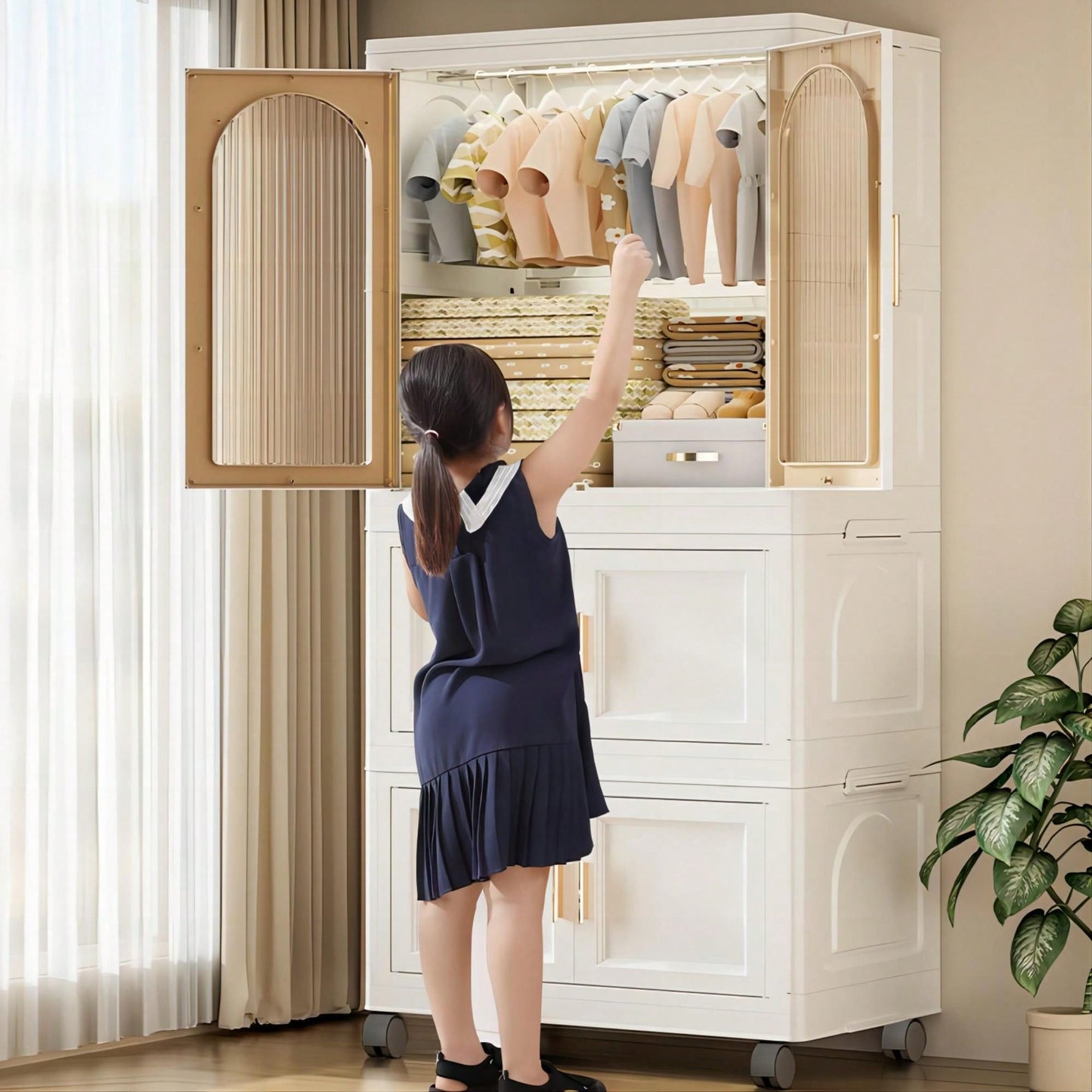 25.59 Inch Compact Folding Wardrobe With Magnetic Door And Wheels, Includes Storage Boxes And Hangers For Efficient Space Organization