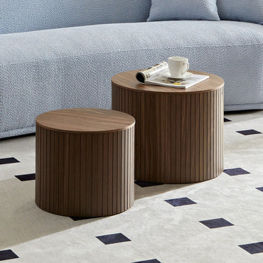 Handcrafted Round MDF Nested Coffee Table Set In Walnut Color For Living Room