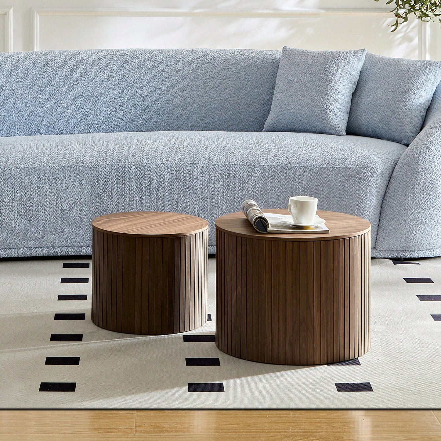 Handcrafted Round MDF Nested Coffee Table Set In Walnut Color For Living Room