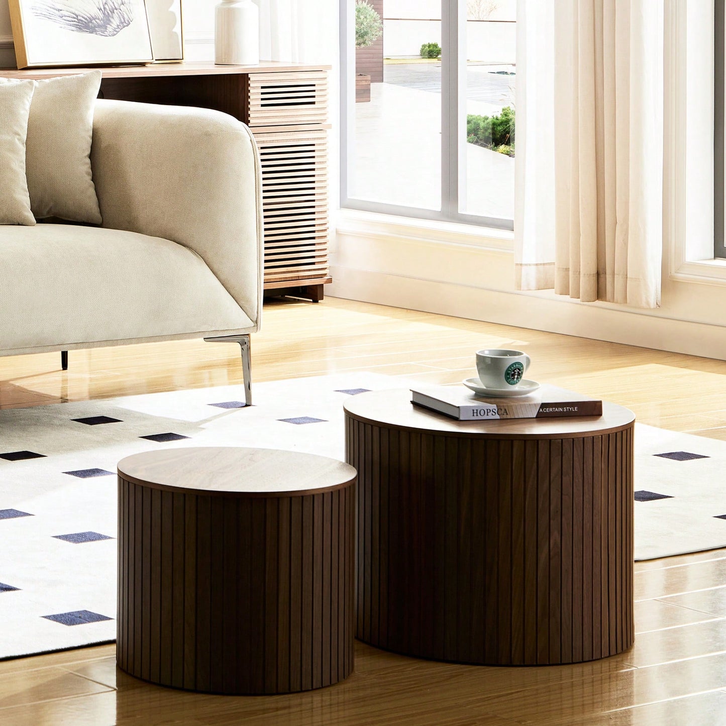 Handcrafted Round MDF Nested Coffee Table Set In Walnut Color For Living Room