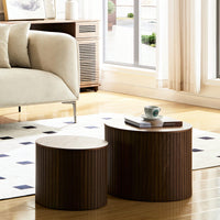 Handcrafted Round MDF Nested Coffee Table Set In Walnut Color For Living Room