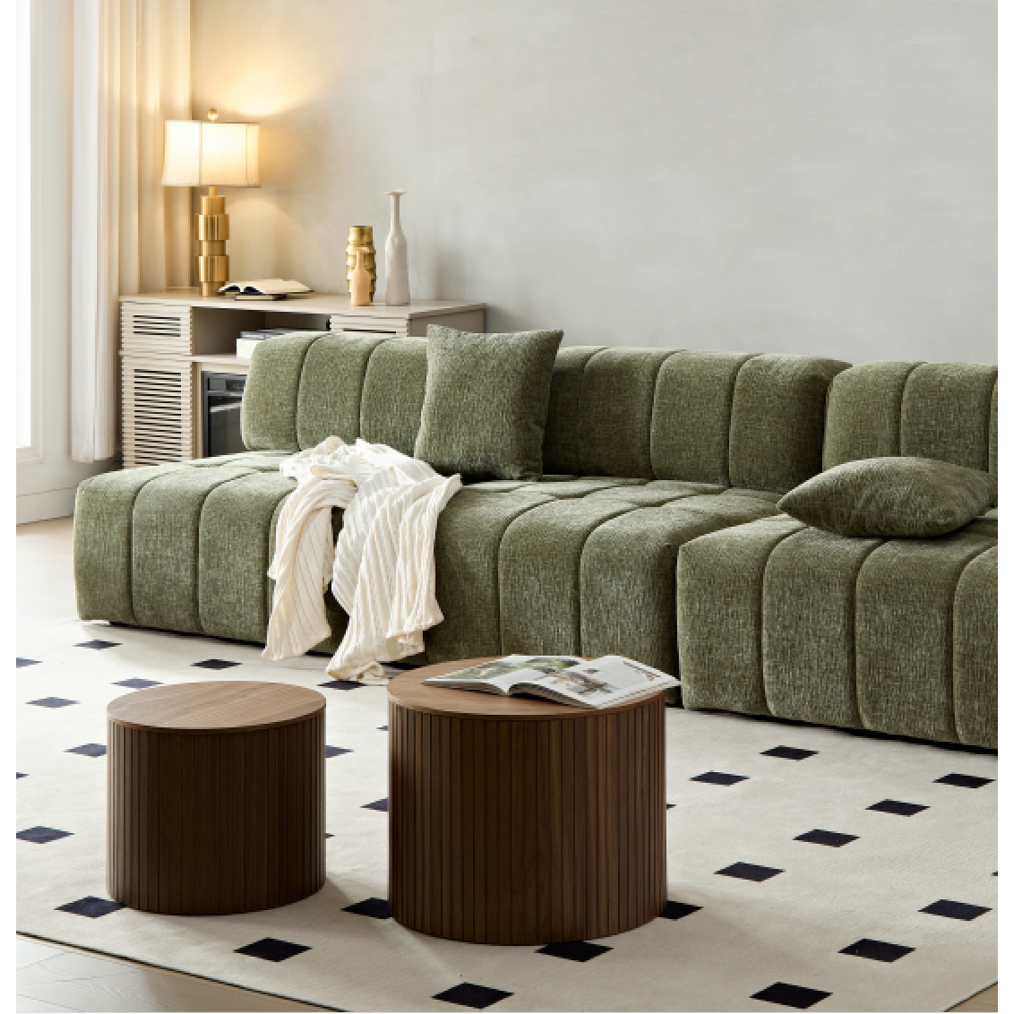 Handcrafted Round MDF Nested Coffee Table Set In Walnut Color For Living Room