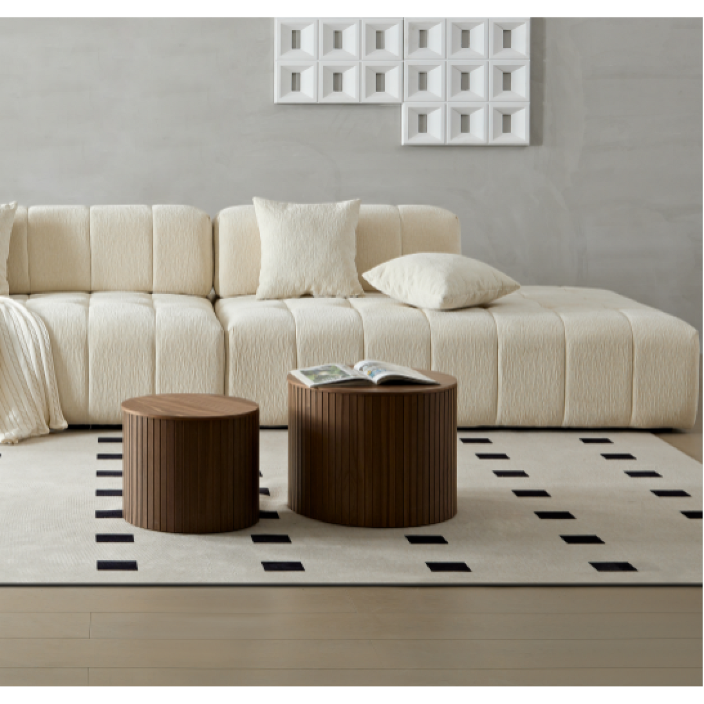 Handcrafted Round MDF Nested Coffee Table Set In Walnut Color For Living Room