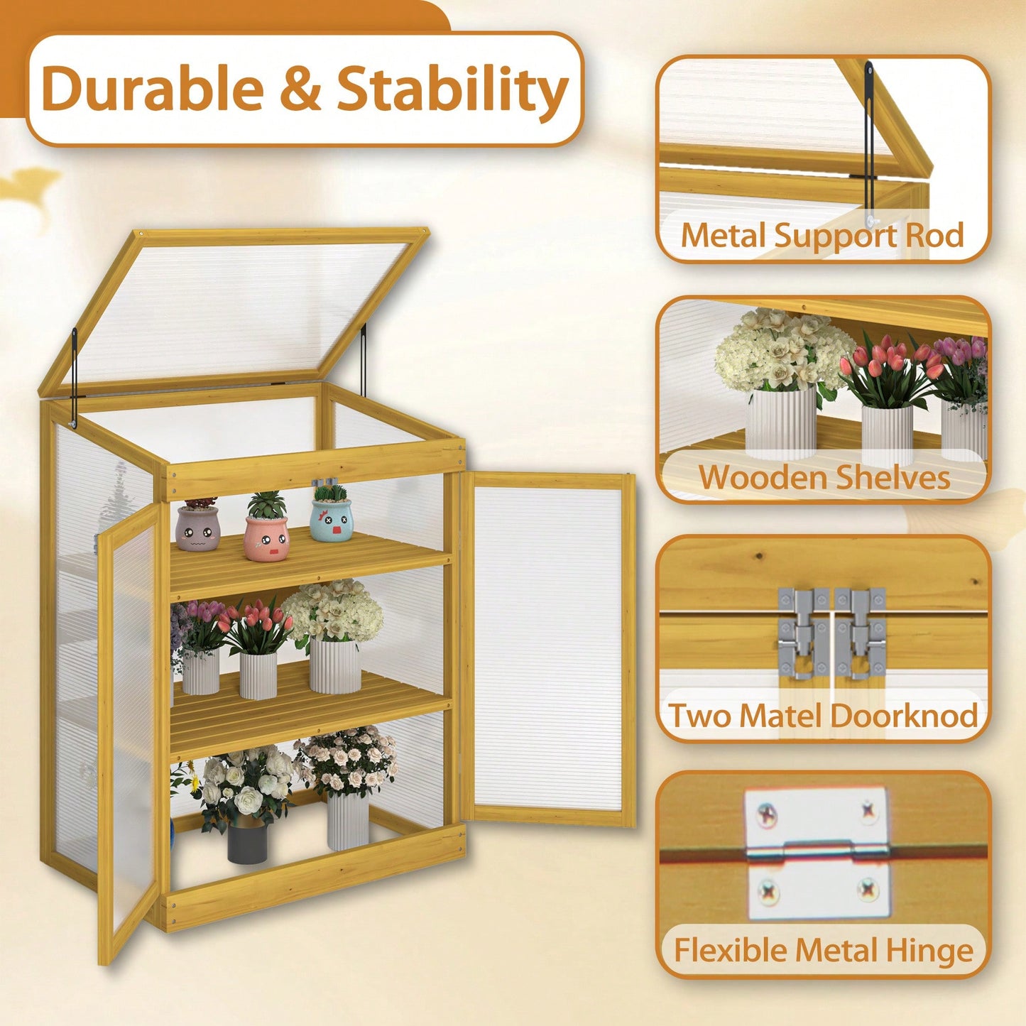 Wooden Cold Frame Mini Greenhouse For Outdoor Use With 2-Tier Polycarbonate Shelves To Keep Plants Warm