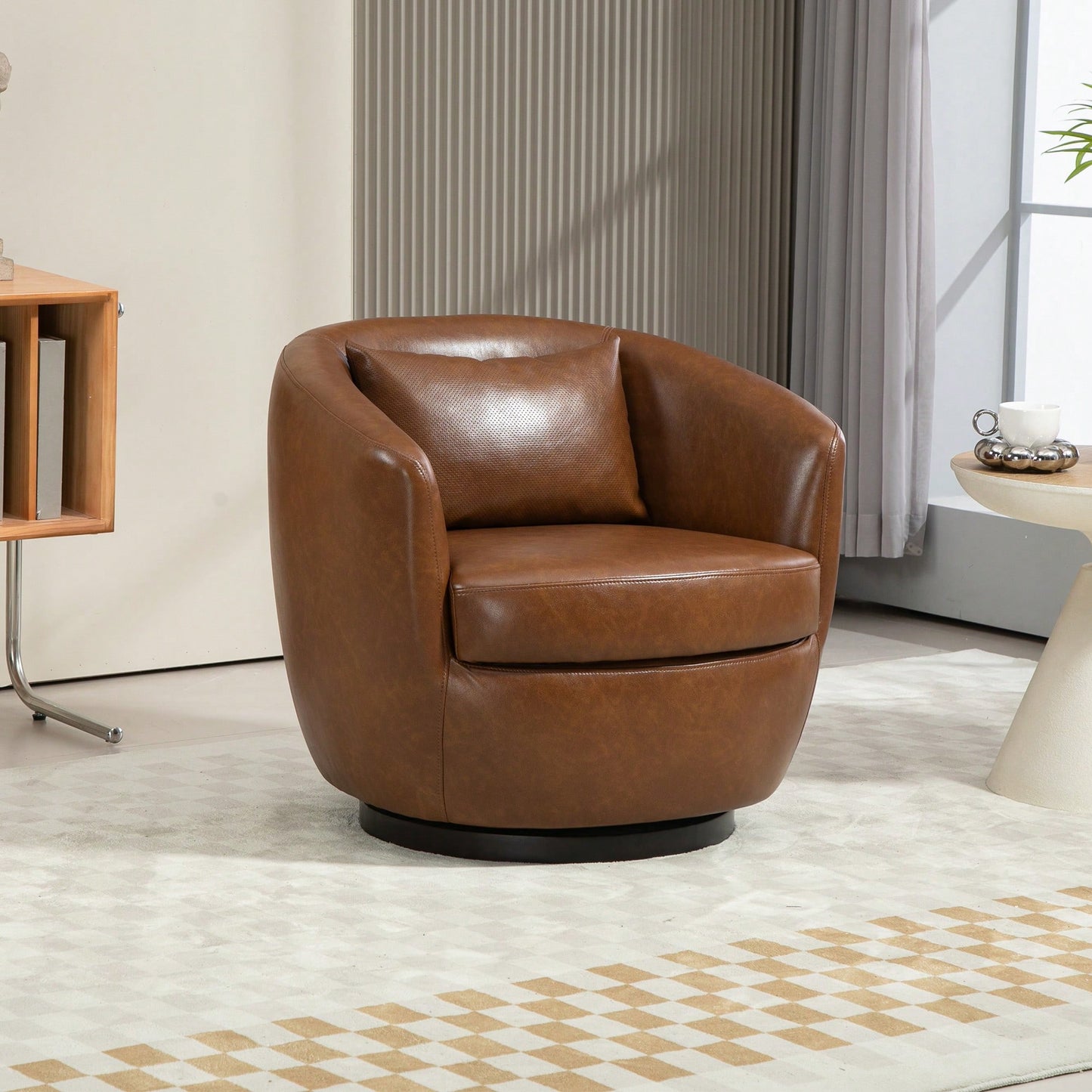 Modern Upholstered Swivel Barrel Armchair With Hidden Storage For Living Room Bedroom Office Reading Spaces In Light Brown PU