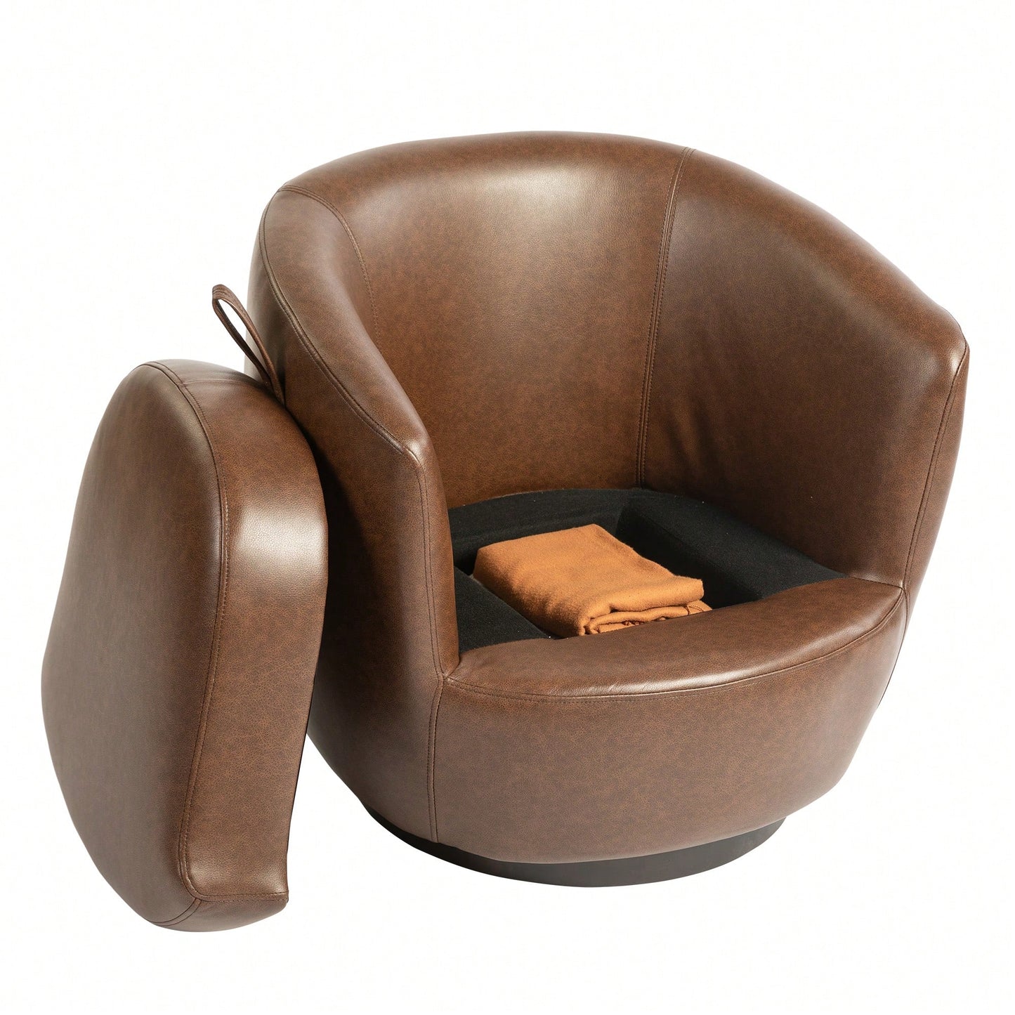 Modern Upholstered Swivel Barrel Armchair With Hidden Storage For Living Room Bedroom Office Reading Spaces In Light Brown PU