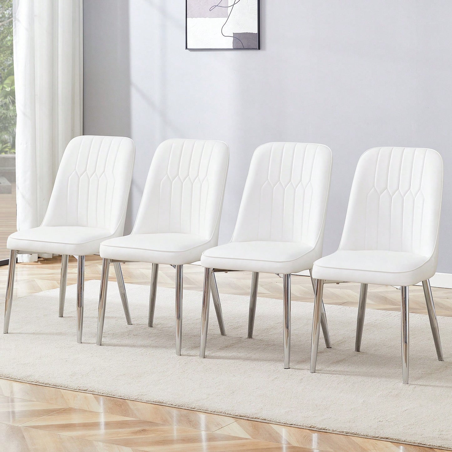 Set Of 4 Modern PU Leather Dining Chairs With Silver Metal Legs For Kitchen Bedroom And Office Comfort