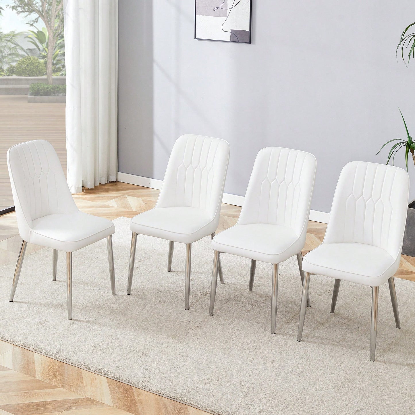 Set Of 4 Modern PU Leather Dining Chairs With Silver Metal Legs For Kitchen Bedroom And Office Comfort