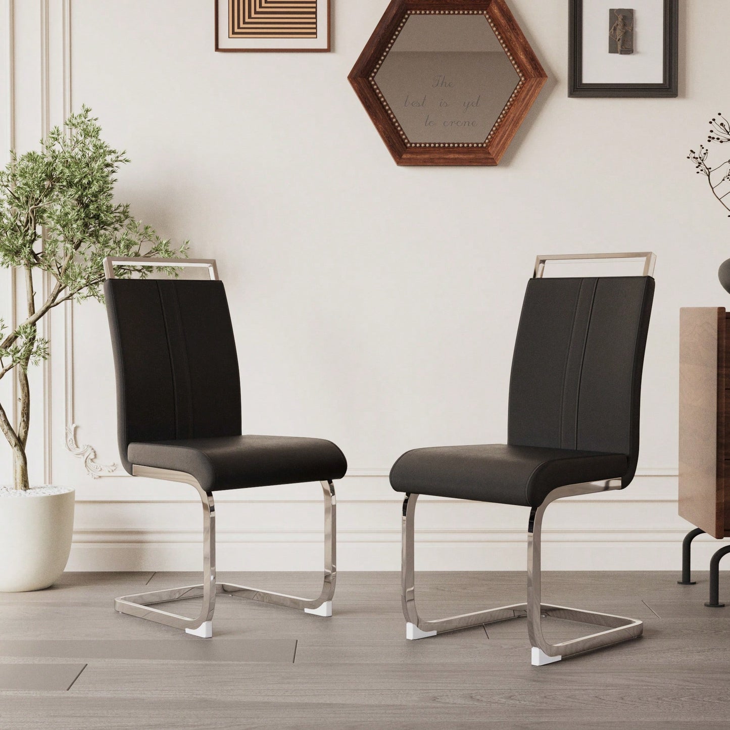 Set Of 4  High Back PU Faux Leather Dining Chairs With C-Shaped Metal Legs For Kitchen Office And Patio Black