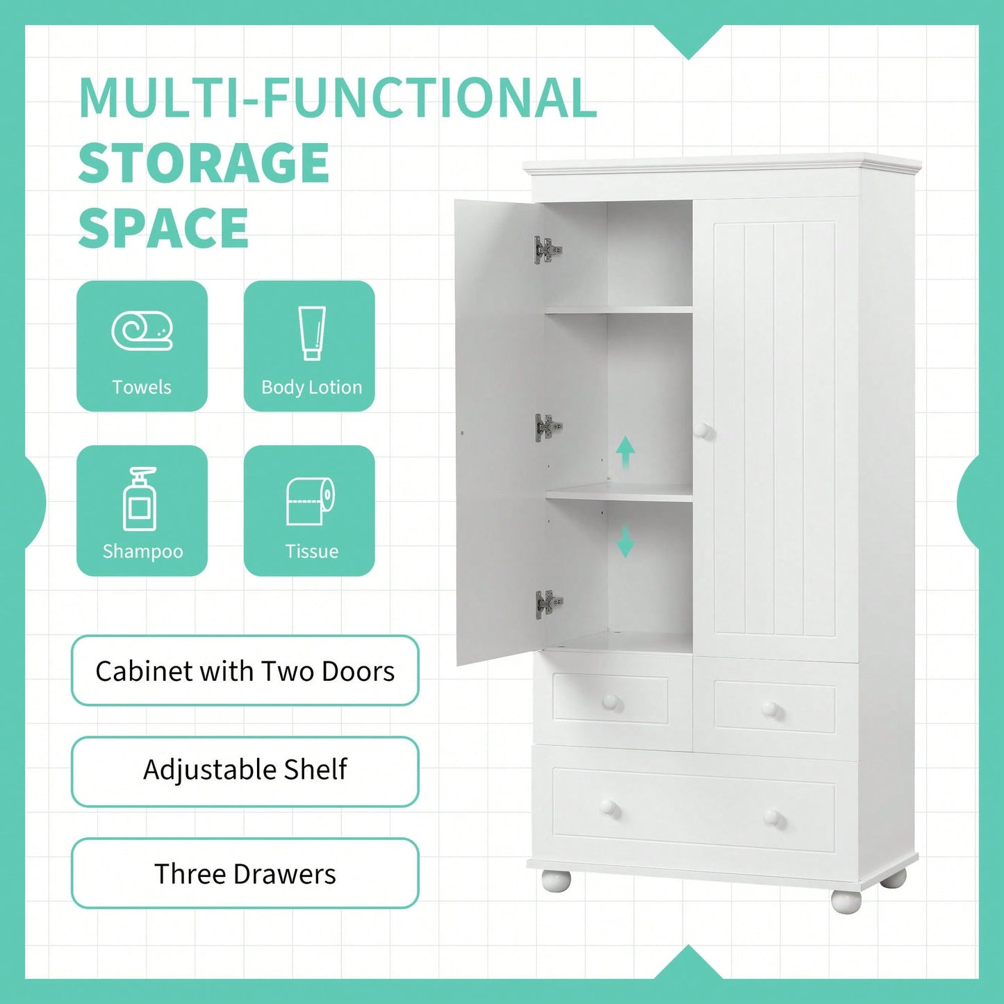 Versatile Tall Storage Cabinet With Three Drawers For Bathroom Or Office Organization In White