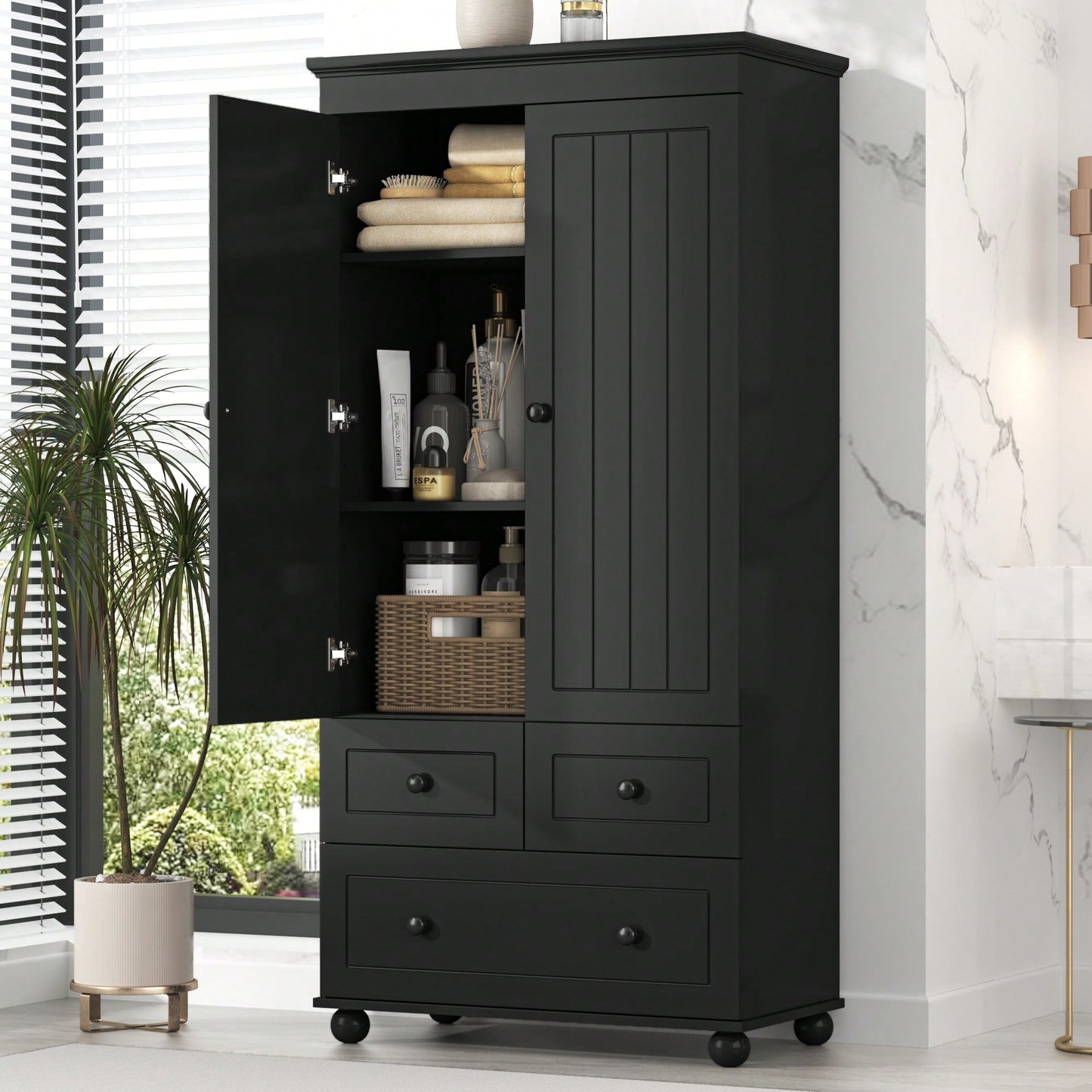 Versatile Tall Storage Cabinet With Three Drawers For Bathroom Or Office Organization In White