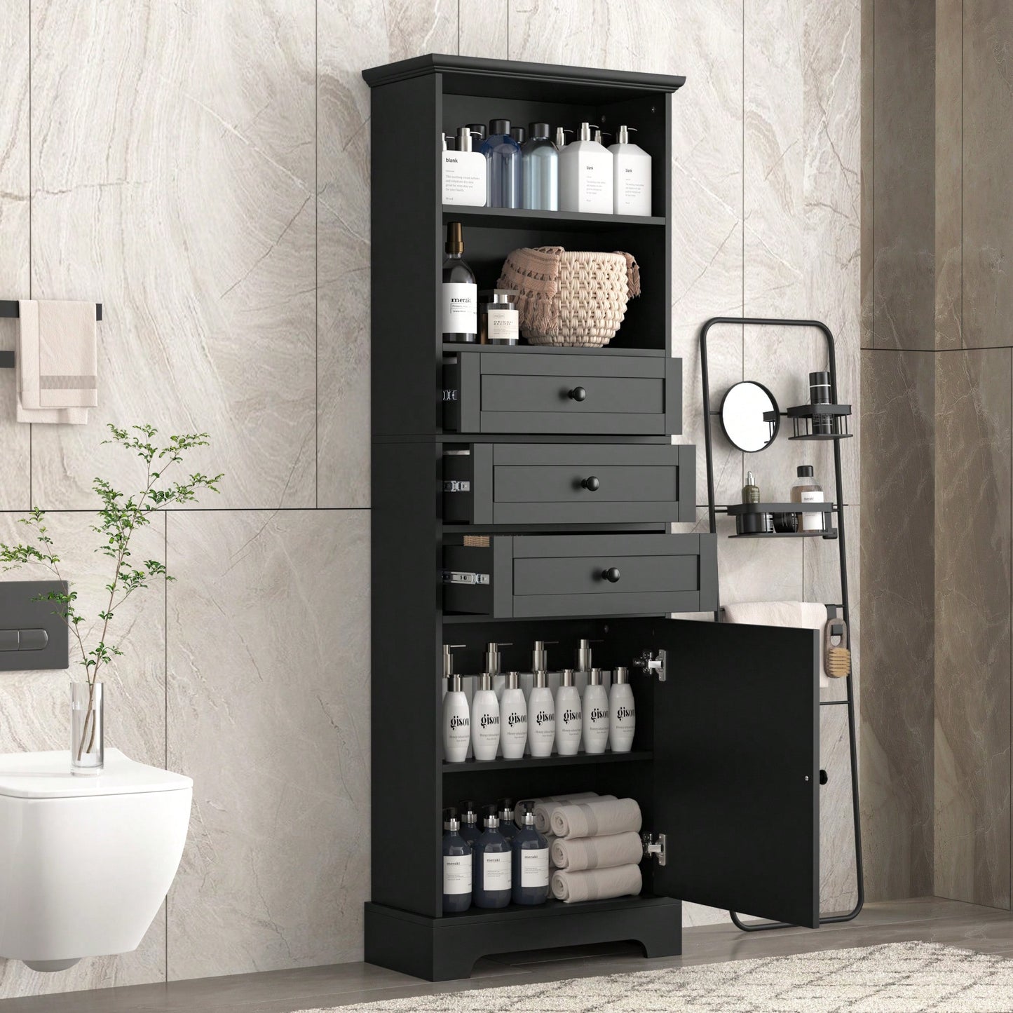 Tall Storage Cabinet With 3 Drawers Adjustable Shelves For Bathroom Office Study MDF Board Painted Finish Black