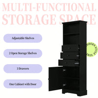 Tall Storage Cabinet With 3 Drawers Adjustable Shelves For Bathroom Office Study MDF Board Painted Finish Black