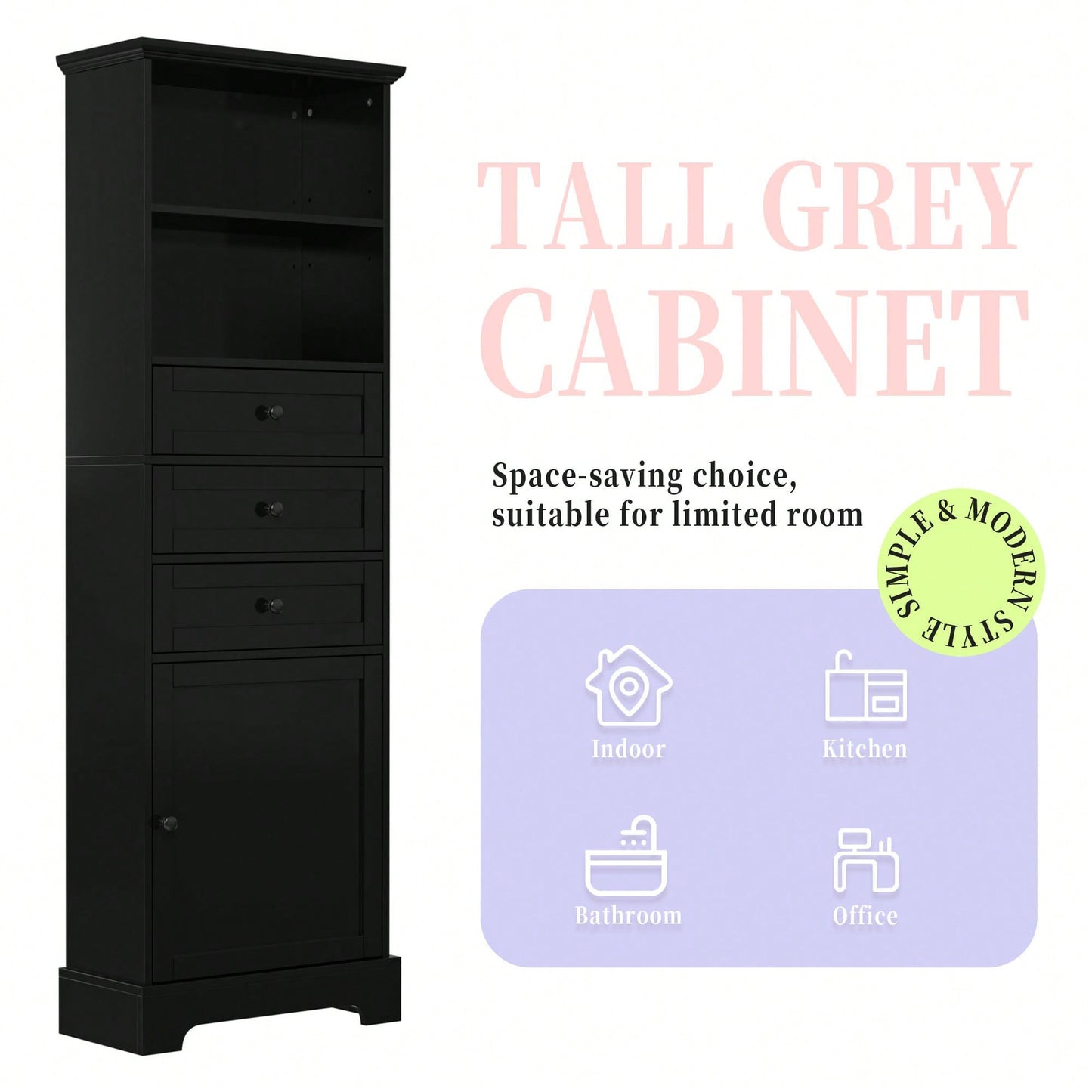 Tall Storage Cabinet With 3 Drawers Adjustable Shelves For Bathroom Office Study MDF Board Painted Finish Black