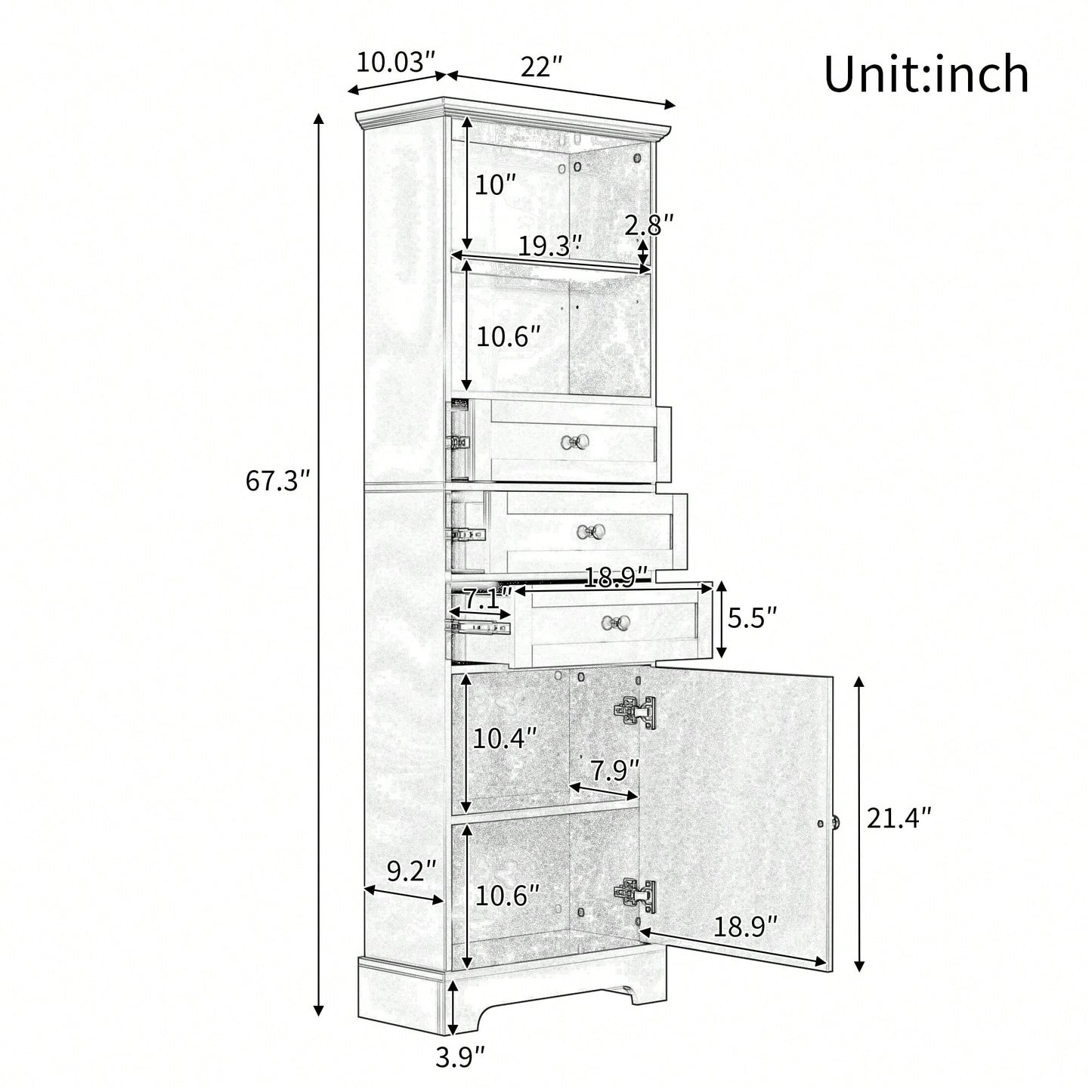 Tall Storage Cabinet With 3 Drawers Adjustable Shelves For Bathroom Office Study MDF Board Painted Finish Black