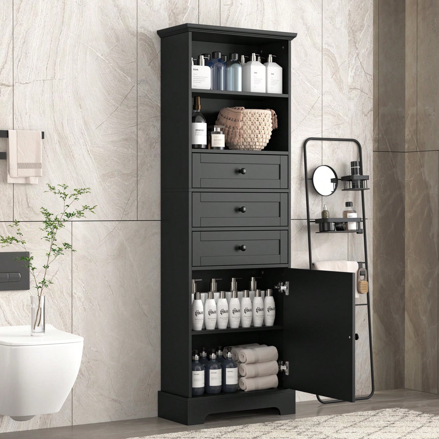 Tall Storage Cabinet With 3 Drawers Adjustable Shelves For Bathroom Office Study MDF Board Painted Finish Black