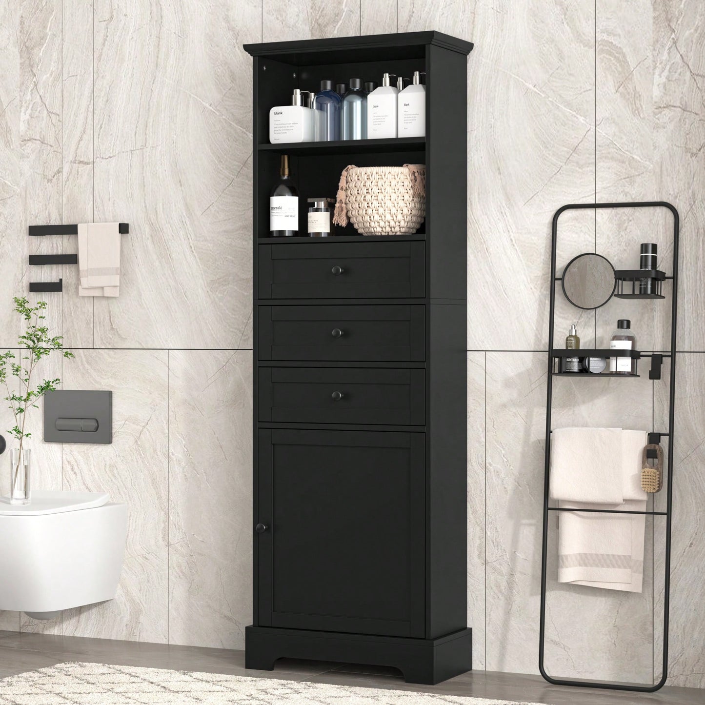 Tall Storage Cabinet With 3 Drawers Adjustable Shelves For Bathroom Office Study MDF Board Painted Finish Black