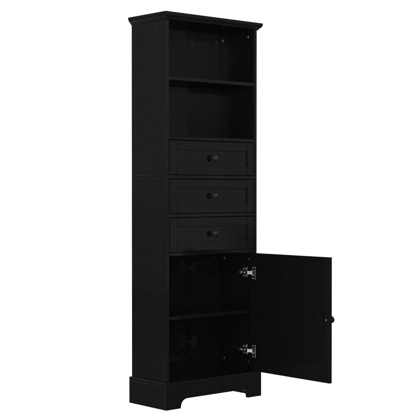 Tall Storage Cabinet With 3 Drawers Adjustable Shelves For Bathroom Office Study MDF Board Painted Finish Black