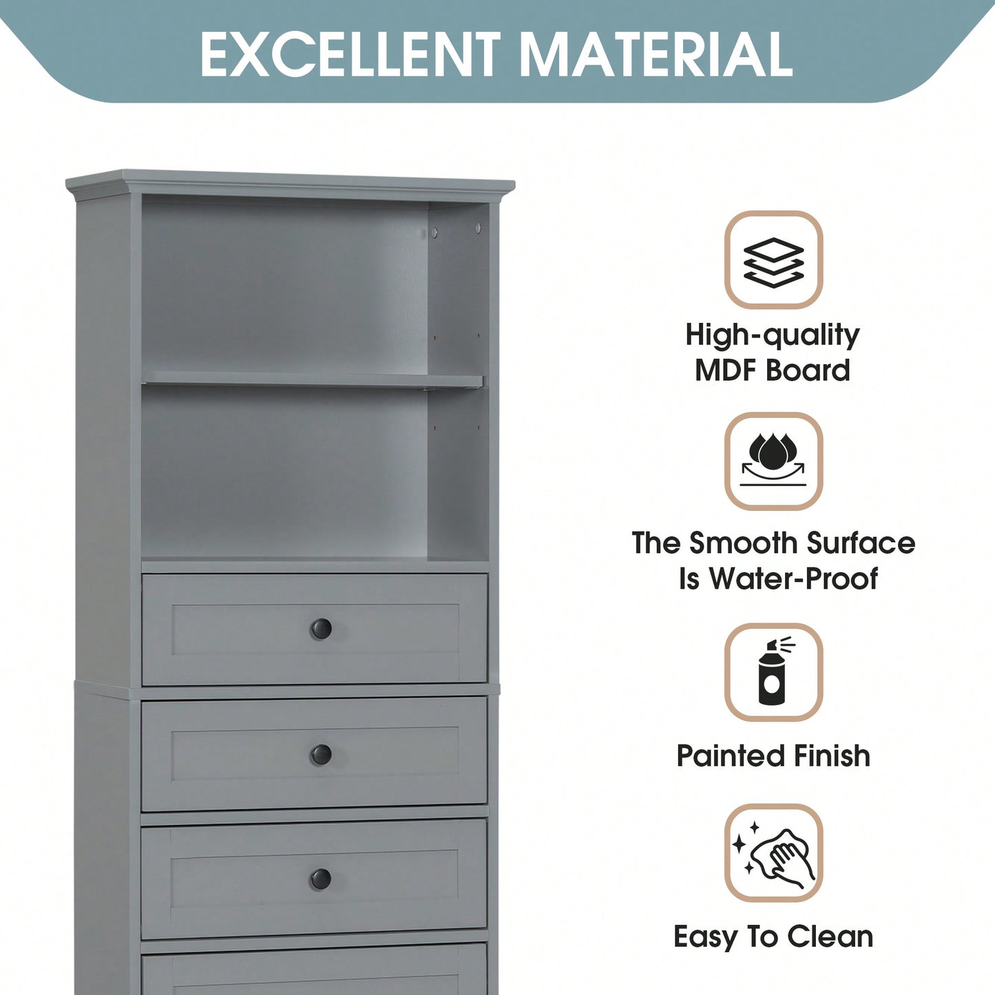 Tall Storage Cabinet With 3 Drawers Adjustable Shelves For Bathroom Office Study MDF Board Painted Finish Black