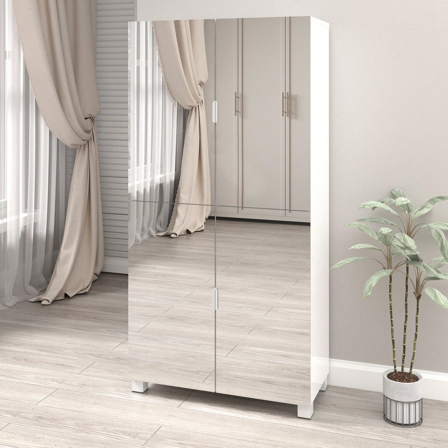 Spacious Shoe Storage Cabinet With Mirror For Entryway And Living Room, 4 Drawer Wardrobe Closet With Mirrors For Bedroom, White Finish