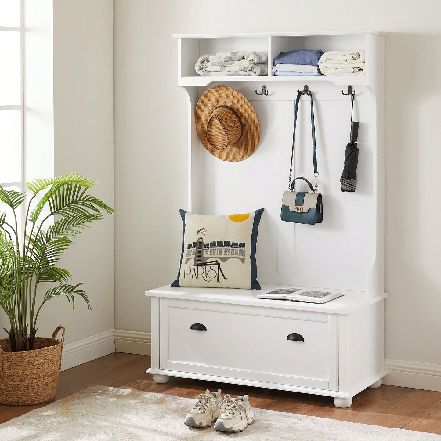 Modern Entryway Hall Tree With Shoe Rack Bench And Coat Hooks Storage Solution 40.16"W 18.58"D 64.17"H White