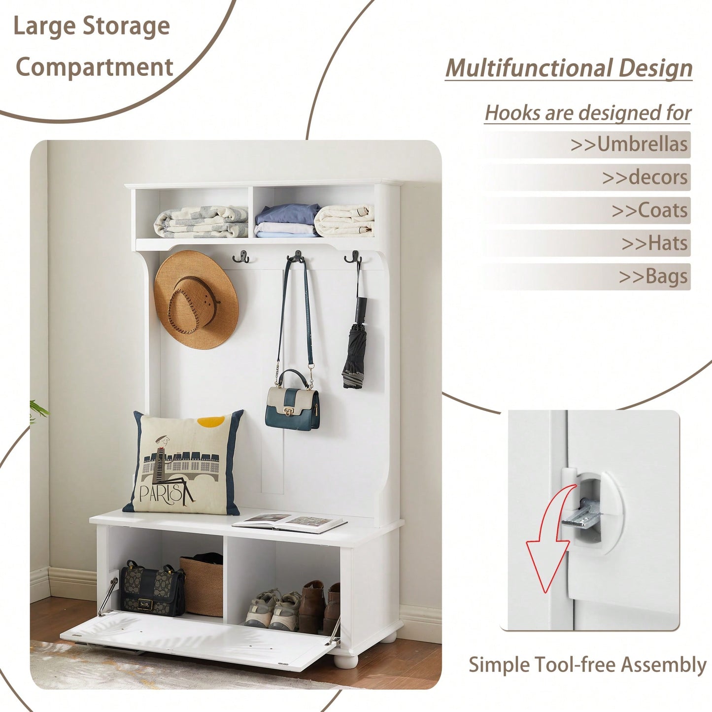 Modern Entryway Hall Tree With Shoe Rack Bench And Coat Hooks Storage Solution 40.16"W 18.58"D 64.17"H White