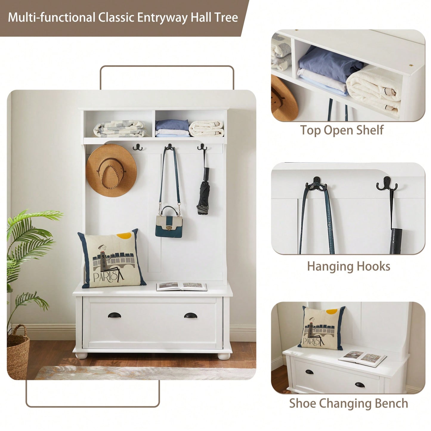 Modern Entryway Hall Tree With Shoe Rack Bench And Coat Hooks Storage Solution 40.16"W 18.58"D 64.17"H White