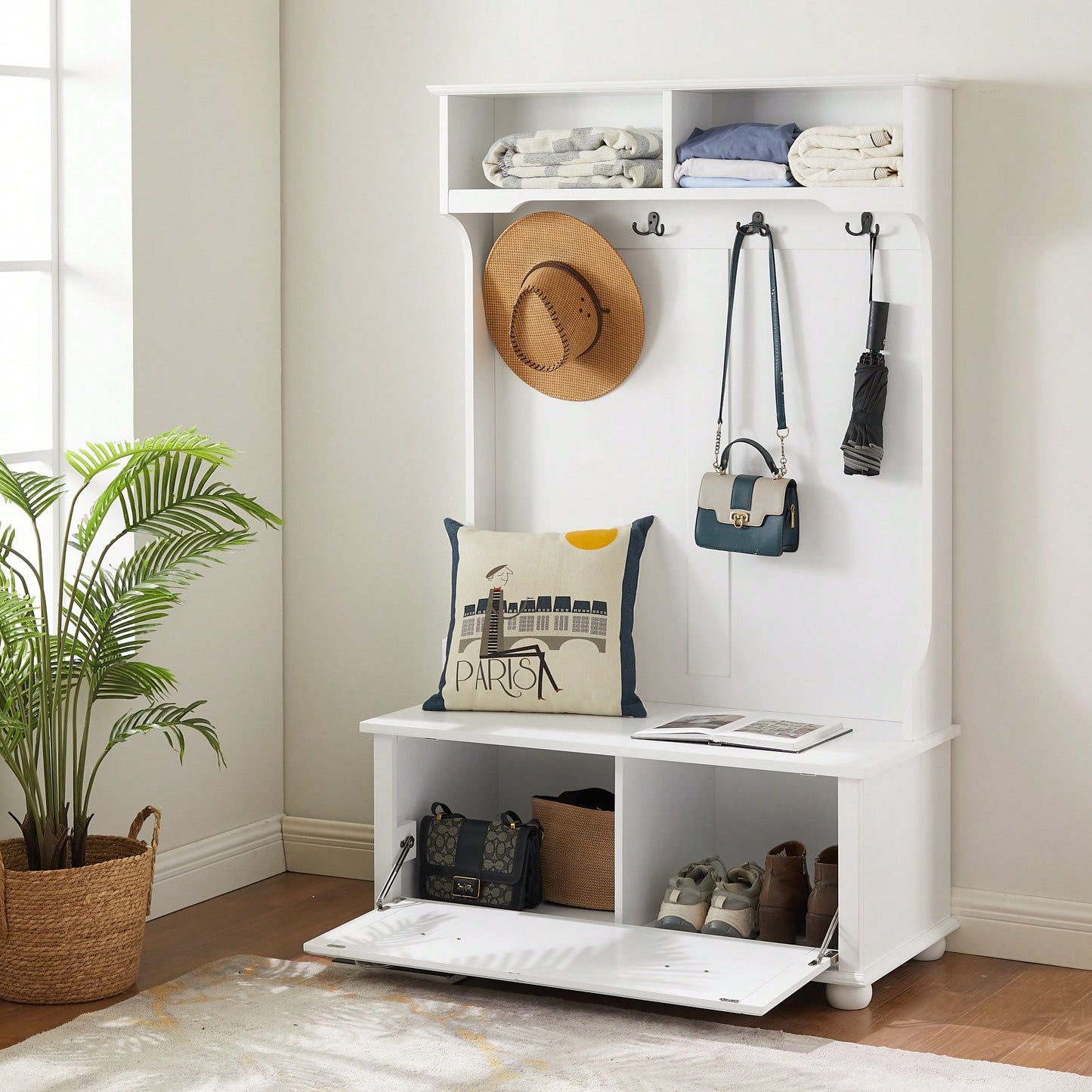 Modern Entryway Hall Tree With Shoe Rack Bench And Coat Hooks Storage Solution 40.16"W 18.58"D 64.17"H White