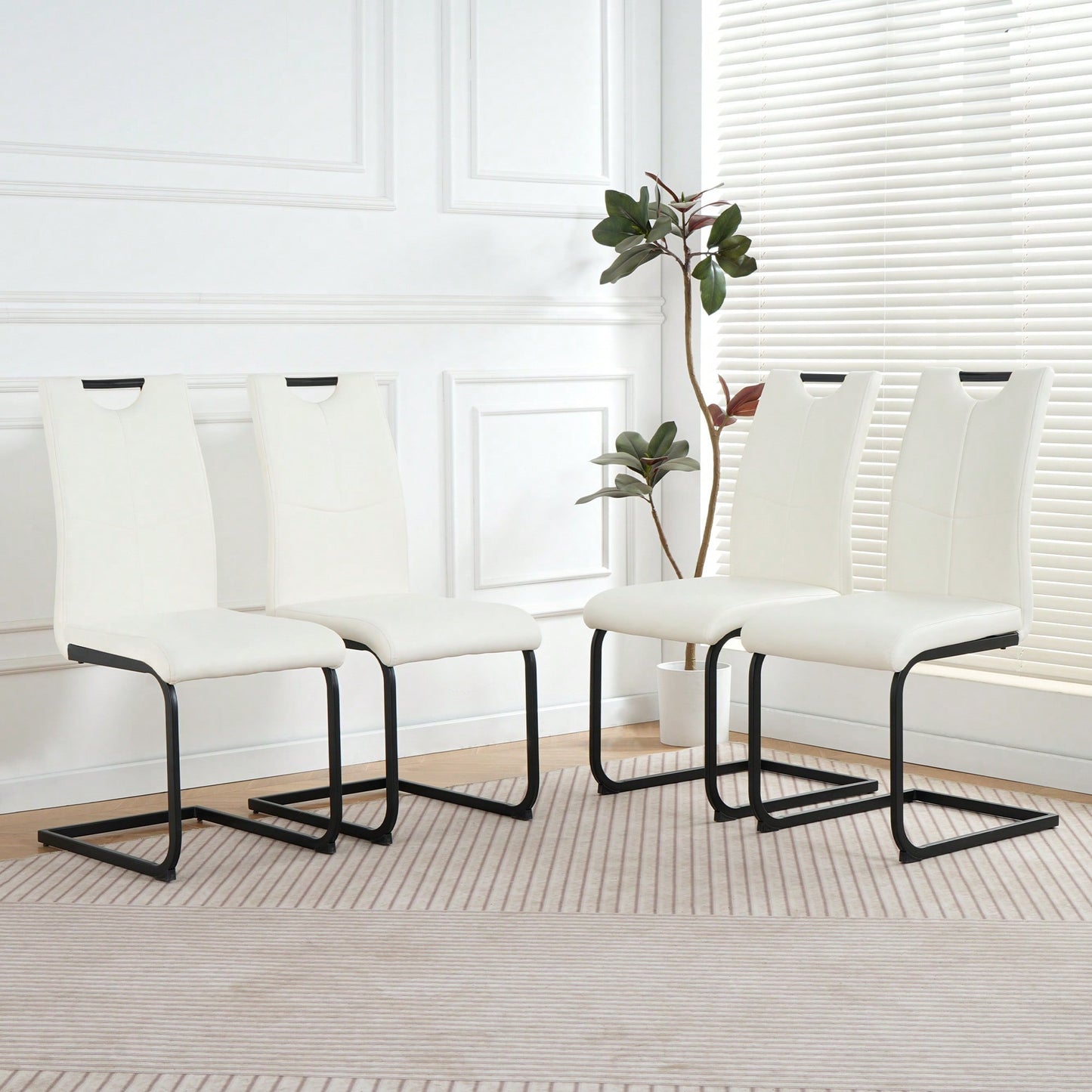 Set Of 4 Modern White Upholstered Dining Chairs With Black Metal Legs For Kitchen Living Room Bedroom