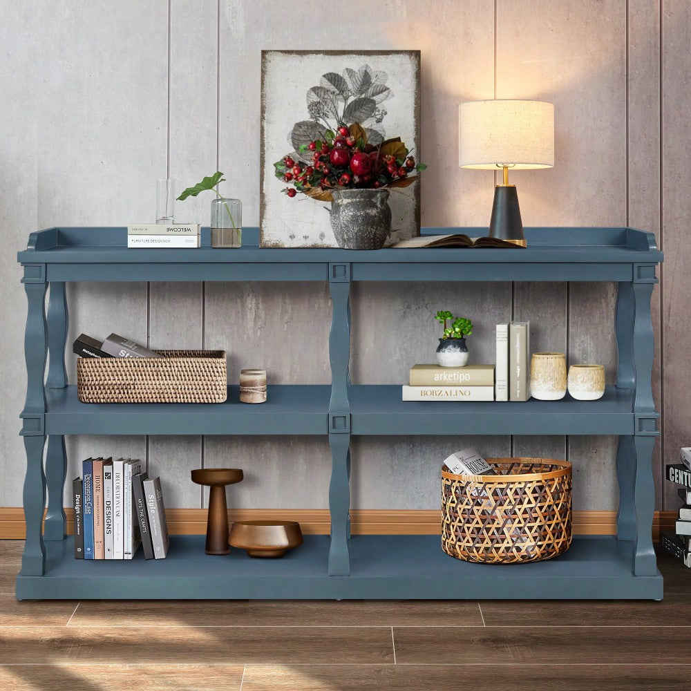 Narrow Navy Blue Console Table With 3-Tier Open Storage And Roman Column Legs For Living Room Entryway Hallway