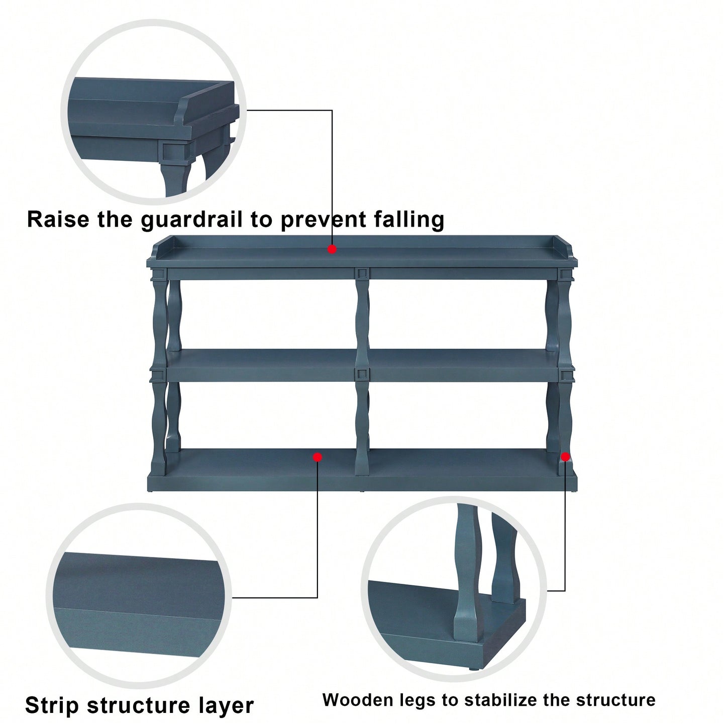 Narrow Navy Blue Console Table With 3-Tier Open Storage And Roman Column Legs For Living Room Entryway Hallway