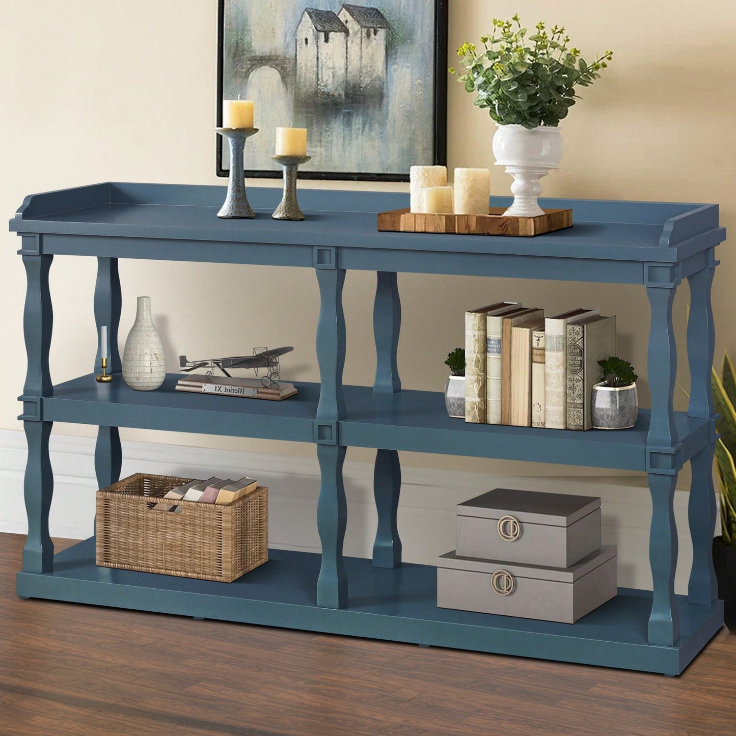 Narrow Navy Blue Console Table With 3-Tier Open Storage And Roman Column Legs For Living Room Entryway Hallway