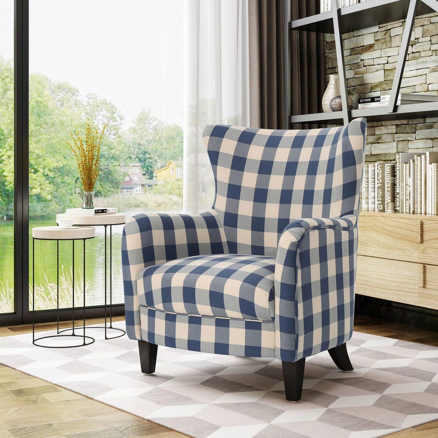 Stylish White And Blue Checkerboard Vintage Fabric Club Chair For Comfortable Living Room Seating