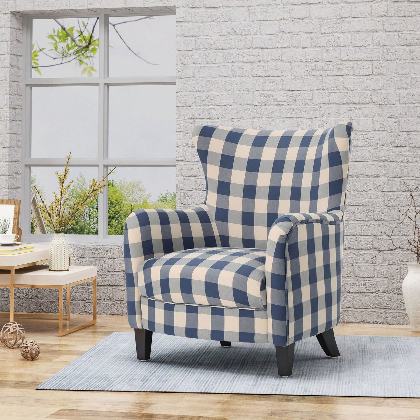 Stylish White And Blue Checkerboard Vintage Fabric Club Chair For Comfortable Living Room Seating