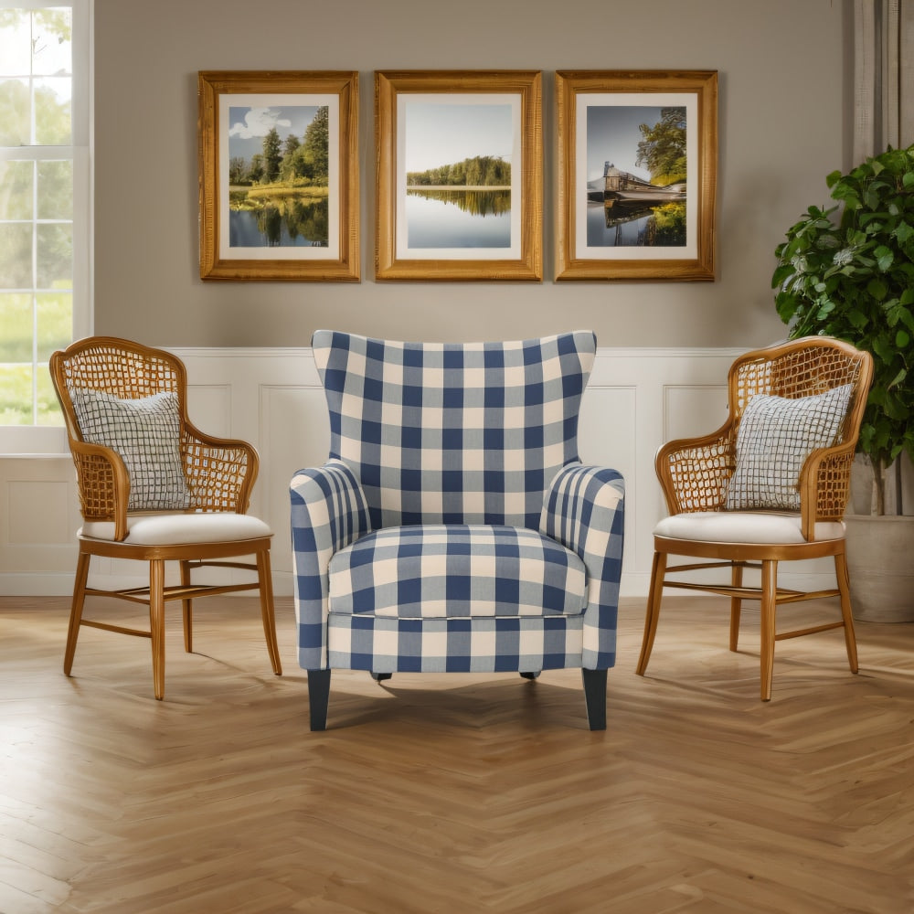 Stylish White And Blue Checkerboard Vintage Fabric Club Chair For Comfortable Living Room Seating