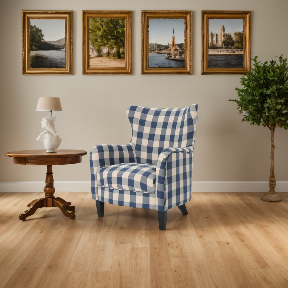 Stylish White And Blue Checkerboard Vintage Fabric Club Chair For Comfortable Living Room Seating