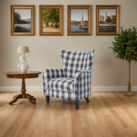 Stylish White And Blue Checkerboard Vintage Fabric Club Chair For Comfortable Living Room Seating