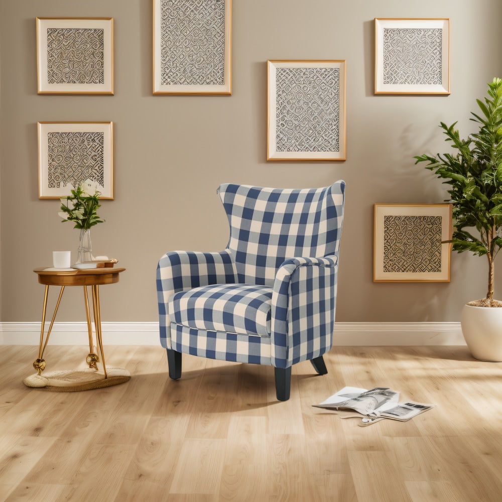 Stylish White And Blue Checkerboard Vintage Fabric Club Chair For Comfortable Living Room Seating