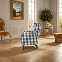 Stylish White And Blue Checkerboard Vintage Fabric Club Chair For Comfortable Living Room Seating