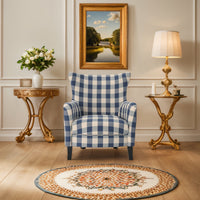 Stylish White And Blue Checkerboard Vintage Fabric Club Chair For Comfortable Living Room Seating