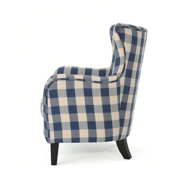 Stylish White And Blue Checkerboard Vintage Fabric Club Chair For Comfortable Living Room Seating