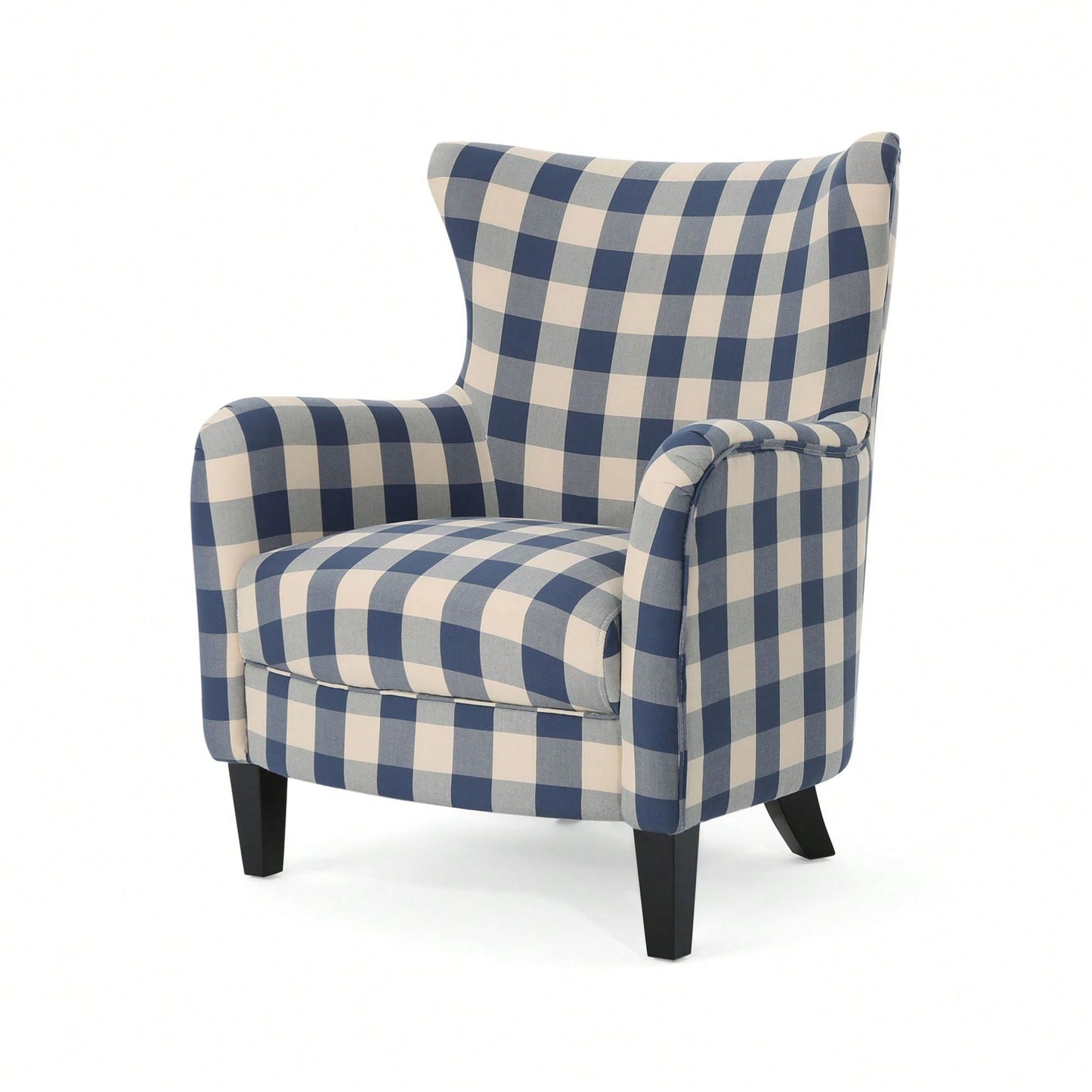 Stylish White And Blue Checkerboard Vintage Fabric Club Chair For Comfortable Living Room Seating