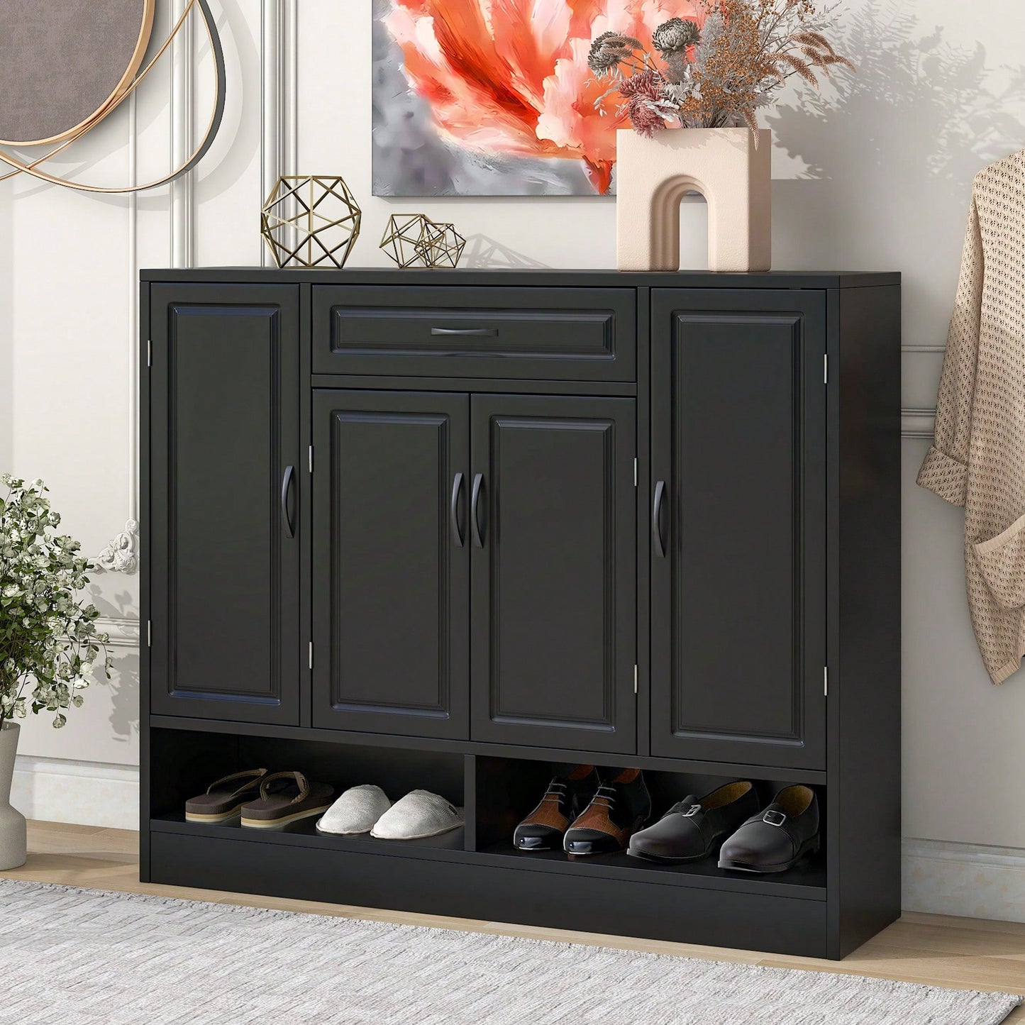 Sleek Modern Shoe Cabinet With Adjustable Shelves Minimalist Storage Organizer For Space-Saving Design Black