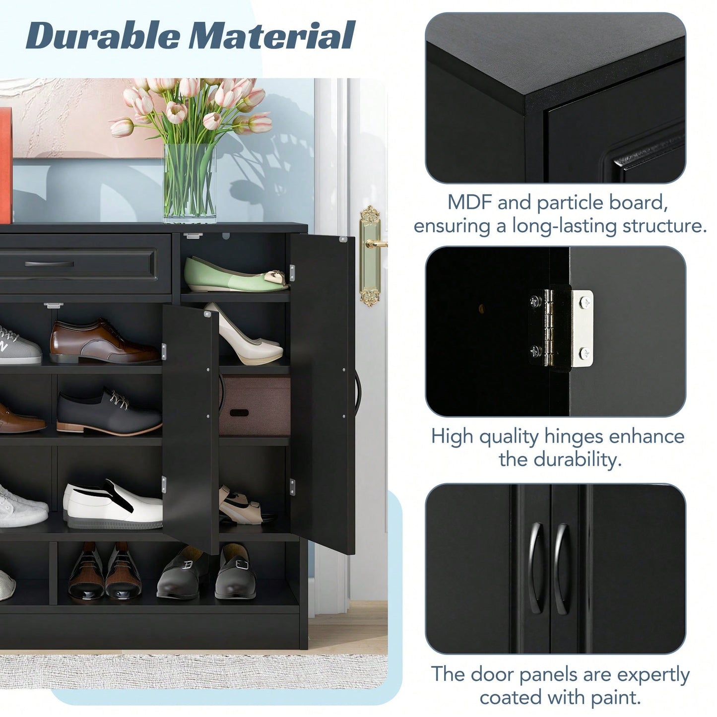 Sleek Modern Shoe Cabinet With Adjustable Shelves Minimalist Storage Organizer For Space-Saving Design Black