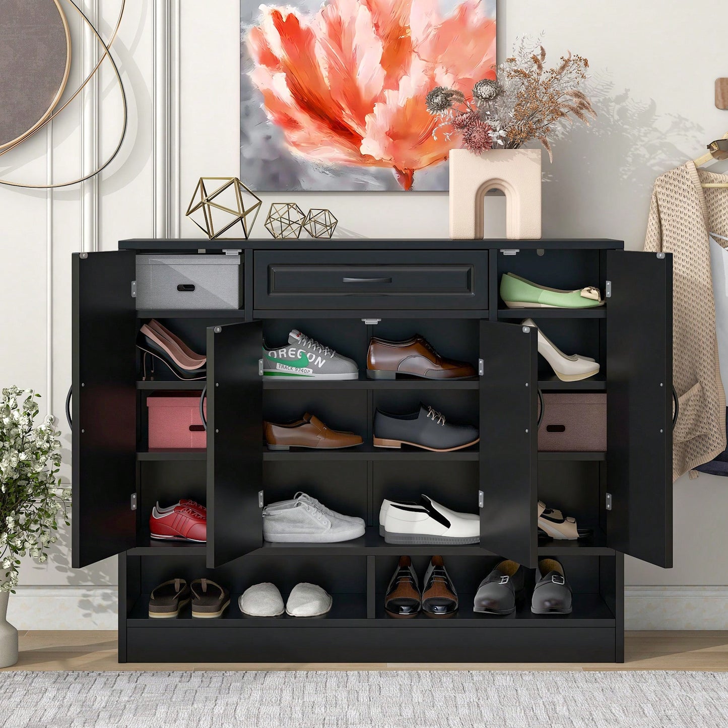 Sleek Modern Shoe Cabinet With Adjustable Shelves Minimalist Storage Organizer For Space-Saving Design Black