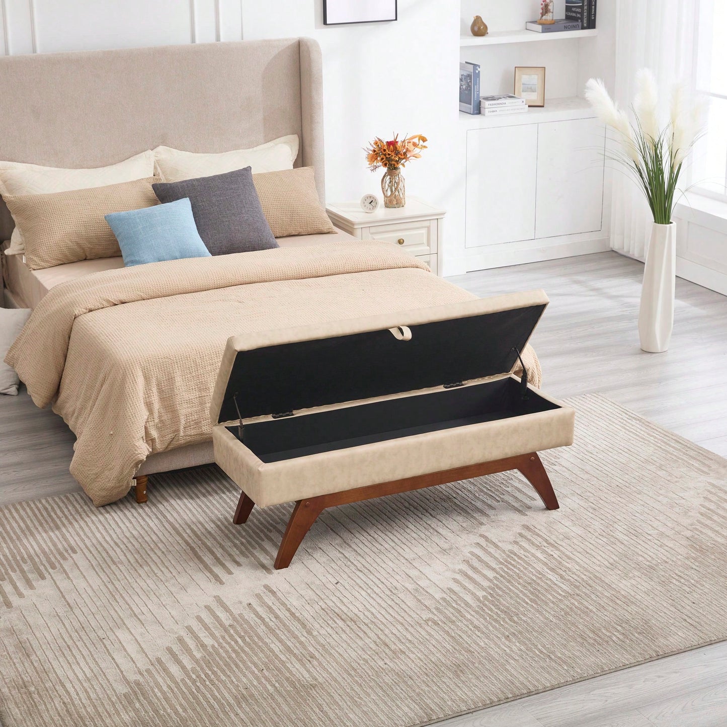 Teddy Wool Upholstered Bed End Stool With Storage And Solid Wood Legs