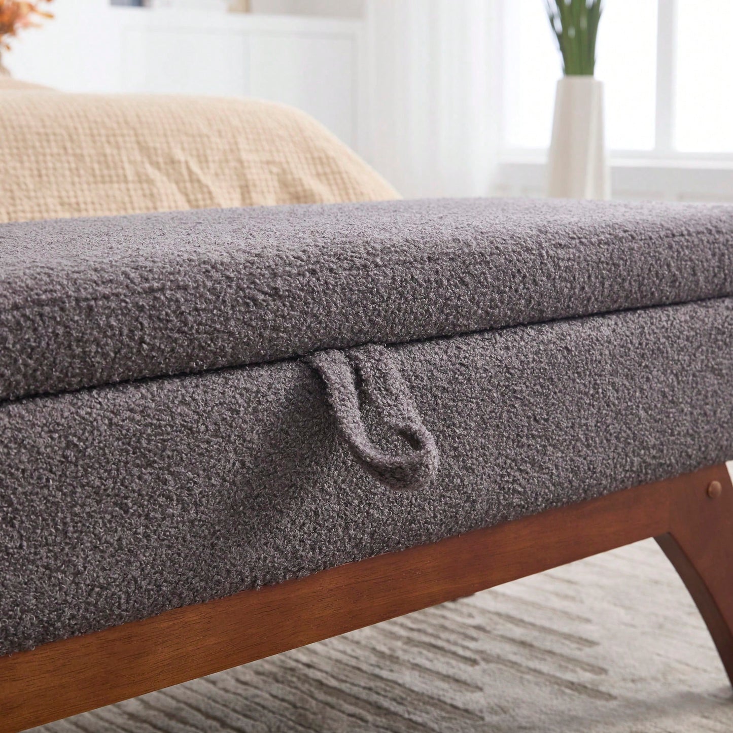 Teddy Wool Upholstered Bed End Stool With Storage And Solid Wood Legs